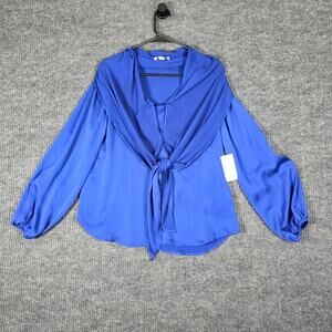 Bar III Blue Satin Tie Front Blouse Women Medium Long Sleeve Silky Top